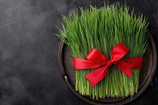 Celebrate nowruz with bright and colorful wheatgrass displayed on a dish decorated with a bold red ribbon