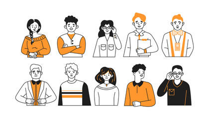 Different occupations avatars doodle line and color outline set. Masters in several businesses straight portray vector individuals collection