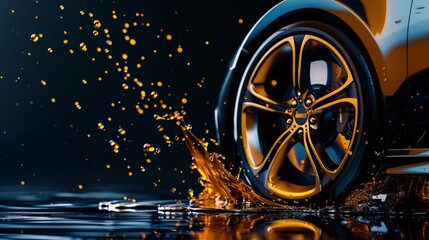Bold promotional flyer showcasing a modern car wheel and disk on black background, complemented by engine oil splashes. Great for car tire advertisements with copy space.