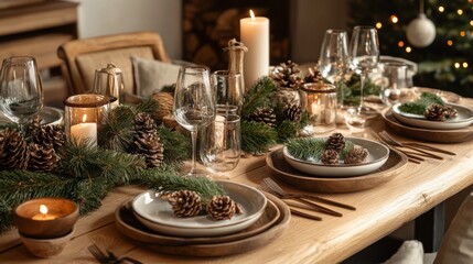 Rustic Christmas Table Setting with Pine Cones and Candles