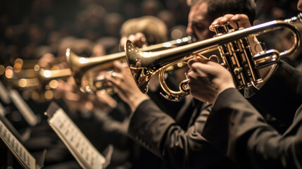 Musicians perform a captivating brass section piece during a vibrant concert at a renowned concert hall