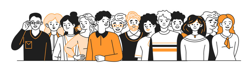 Businesspeople group doodle line and color illustration. Commercial company employees crowd linear sketch vector people composition