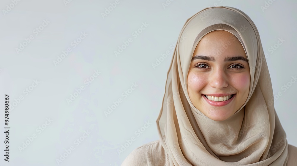 Wall mural Portrait of young smiling muslim woman wearing a white hijab over white background studio