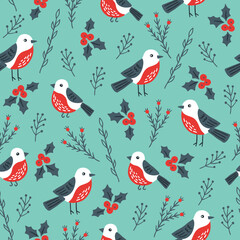 A whimsical pattern featuring birds and foliage on a turquoise background.