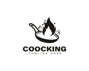 Cooking pan with fire cooking, cuisine and cookery vector logo template.