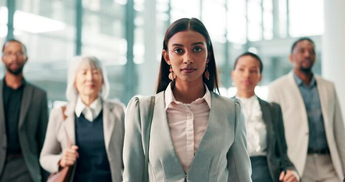 Face, leader or business people in office, walking or confidence with legal aid team. Portrait, attorney or group with cooperation, pride or service with serious case, professional or career ambition