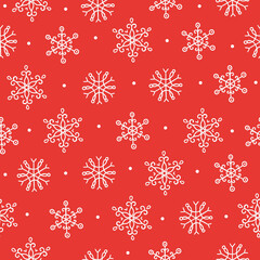 A festive red background adorned with white snowflakes, creating a cheerful winter pattern.