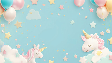 A unicorn-themed birthday frame adorned with pastel-colored balloons, stars, and clouds along the edges. The frame features soft, dreamy colors and includes a cute unicorn in the bottom corner.






