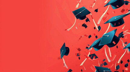 Celebration of academic achievements with graduation caps flying in the air against a vibrant red backdrop