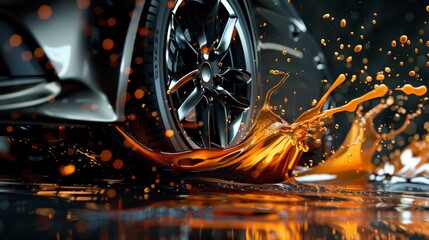 Bold promotional flyer showcasing a modern car wheel and disk on black background, complemented by engine oil splashes. Great for car tire advertisements with copy space.