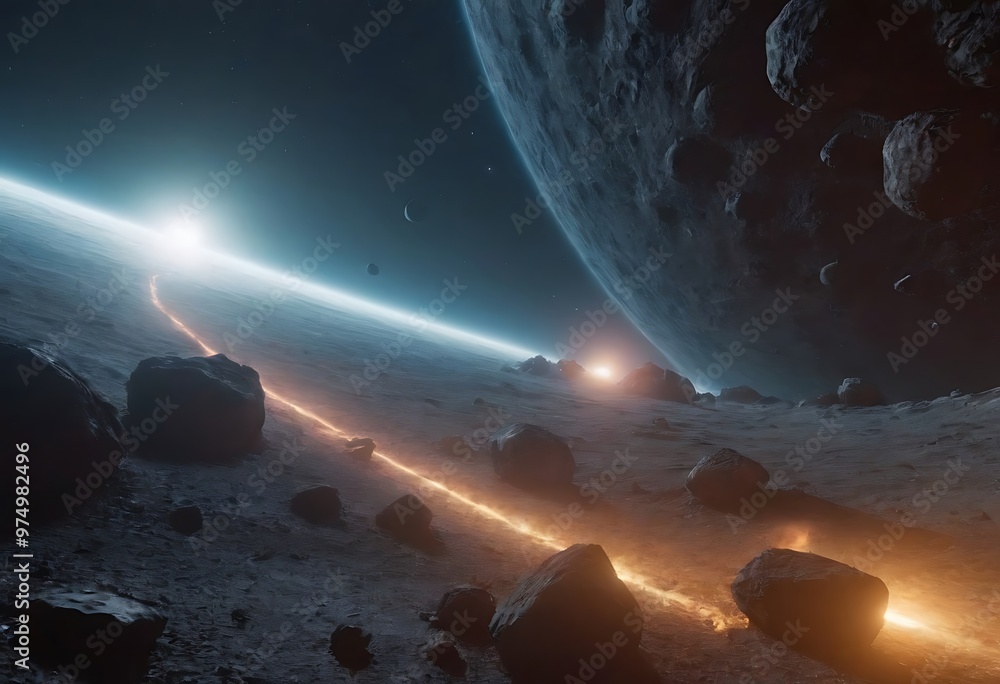 Canvas Prints a tunnel formed by asteroids orbiting around a distant planet, with glowing cosmic dust and debris s