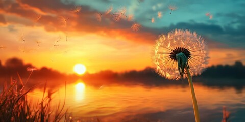 A dandelion seed head stands tall against a vibrant sunset, releasing seeds into the breeze.  The water reflects the warm hues of the sky, creating a tranquil scene.