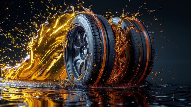 Bold promotional flyer showcasing a modern car wheel and disk on black background, complemented by engine oil splashes. Great for car tire advertisements with copy space.