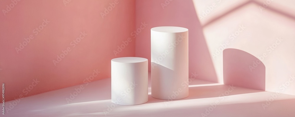 Poster minimal geometric shapes casting shadows on a pink background