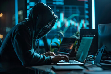 Individual in a hooded sweatshirt designs malware at a desk with multiple laptops in a dimly lit environment with financial charts