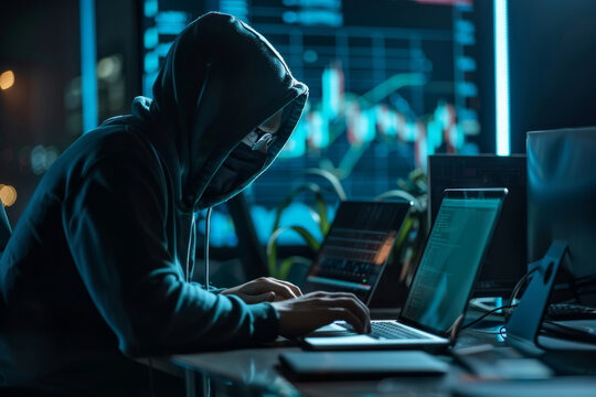 Individual in a hooded sweatshirt designs malware at a desk with multiple laptops in a dimly lit environment with financial charts