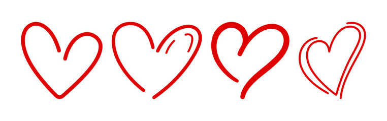 Red hearts with a playful, expressive style on a transparent background