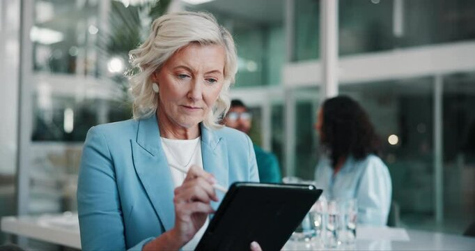 Tablet, mature woman and hospital director with research for medical finance or funding. Office, digital technology and senior clinic administrator for healthcare, scroll and internet for information