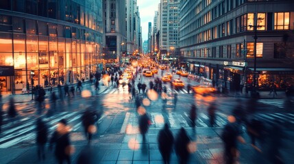 Obraz premium Crowds fill the lively street as twilight sets in with lights twinkling amidst the urban rush