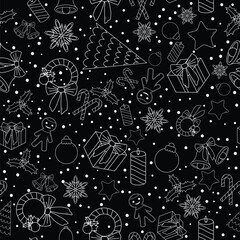 A festive pattern featuring various holiday-themed icons like gifts, stars, and decorations on a dark background.