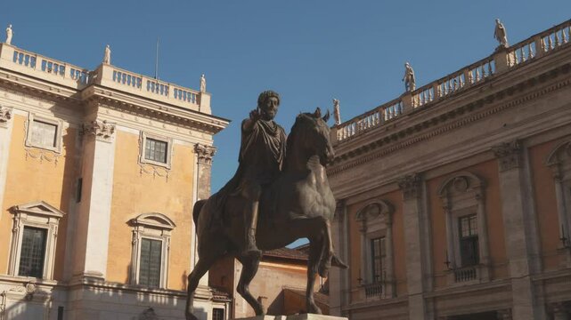 A stunning bronze statue of a figure on a horse crowns vibrant Capitoline Hill