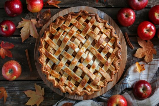Delicious freshly baked apple pie surrounded by red apples and autumn leaves on rustic wooden table