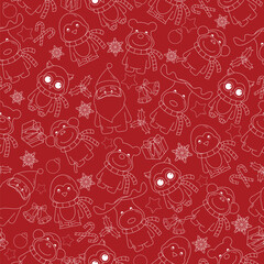 A festive pattern featuring playful characters in winter attire against a red background.