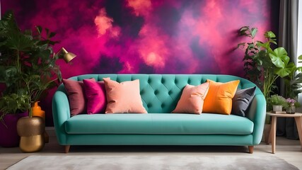 colorful room featuring a sofa. Cozy living area with plush sofa and pillows. Image, stock image, life stock, blog, opulent residence
