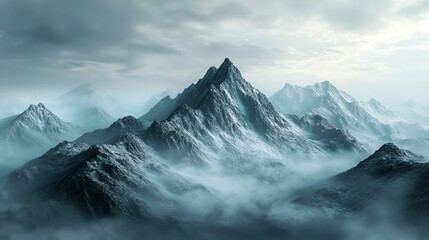Majestic mountains rise above a misty landscape, showcasing a breathtaking blend of nature's beauty and serene atmosphere.