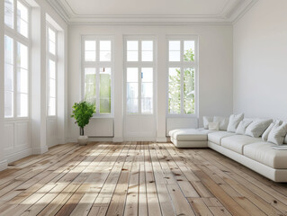 Fototapeta premium Minimalist modern living room with white walls and wooden floor, white sofa and a potted plant