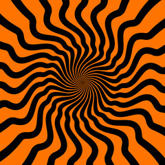 Halloween psychedelic hypnotic swirl spiral pattern with optical illusion hypnosis, vector effect. Hypnotic spiral vortex background of black orange psychedelic pattern for Halloween holiday