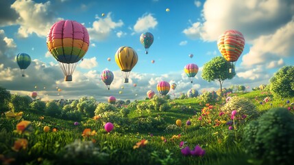 Fototapeta premium Vibrant hot air balloons float above a lush meadow filled with colorful flowers and under a bright blue sky.
