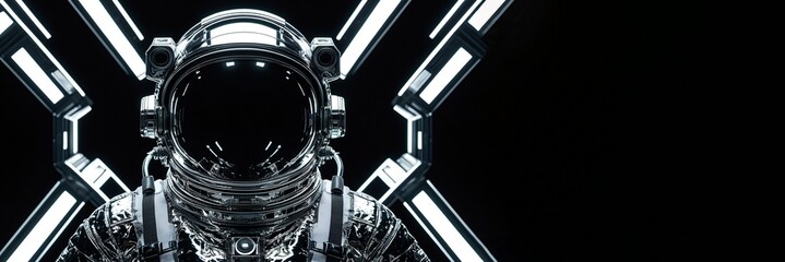 Person head in futuristic astronaut suit standing in the center of symmetrical spaceship structure. World Space Week. Space exploration and travel, future technologies. Design for banner, copy space. 