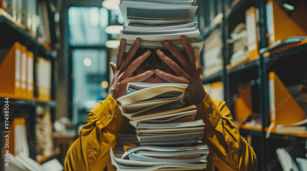 Poster worker struggling to balance a tall stack of files in a modern office environment during the daytime