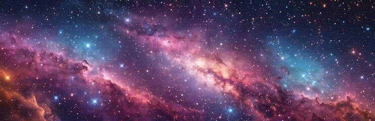 Fototapeta premium Magic night sky with Milky Way, stars and clouds. Blue, pink fantasy landscape with stardust, galaxy, cosmos. World Space Week concept. Design for banner, space background. Copy space.