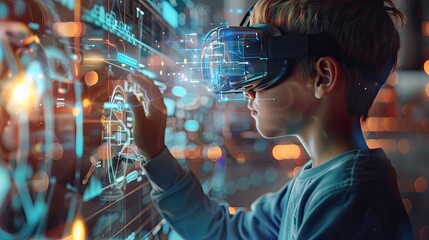 Child uses a futuristic processor for augmented reality. high technology and communication concept. Science technology concept. Education new technology.