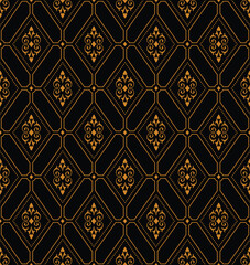 A decorative pattern featuring diamond shapes and intricate designs in gold and black.
