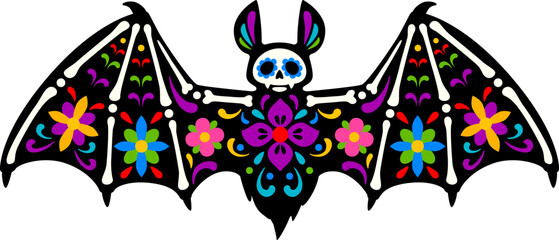 Dead Halloween skeleton, Mexican day of the dead bat animal tattoo sugar skull. Vector flittermouse with outspread wings and floral patterns, symbolizing night, remembrance and cycle of life and death