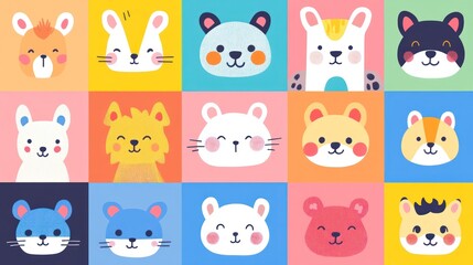 Cute animal face icons in flat design with pastel colors of different animals like cats, dogs, rabbits or hamsters for children book covers, prints on fabric or t-shirts