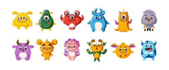 Cute beasts characters level color vector symbol set. Bizarre fanciful companions. Amusing spooky personages outline pack on white