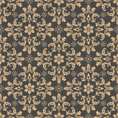 Ornate floral pattern in beige and dark background, suitable for textiles or wallpapers.