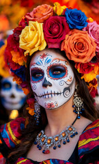 Vibrant Photograph of La Catrina with Detailed Sugar Skull Makeup, Colorful Flower Crown, and Elaborate Silver Jewelry for Día de los Muertos Celebration