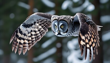 Majestic great grey owl soaring gracefully through a winter landscape