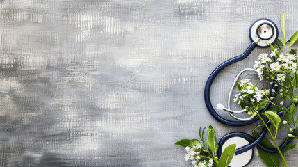 Blank space for a meaningful healthcare message with a stethoscope and greenery on a textured gray background