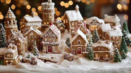 A Snowy Gingerbread Village with Illuminated Windows and Candy Decorations