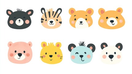 Fototapeta premium Cute animal face icons in flat design with pastel colors of different animals like cats, dogs, rabbits or hamsters for children book covers, prints on fabric or t-shirts