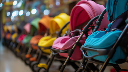 Fototapeta premium Row of colorful strollers neatly displayed in a baby store, highlighting modern baby gear options, perfect for showcasing vibrant retail settings and shopping experiences for new parents.