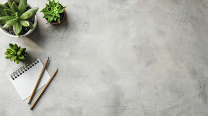 Creative workspace with succulents and notepad on concrete surface, perfect for planning or brainstorming ideas
