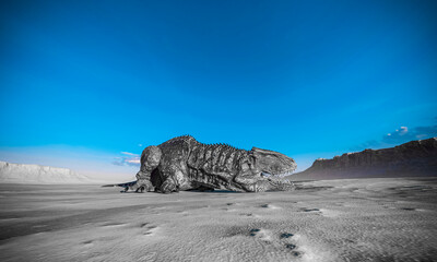 giganotosaurus is lying down on sunset desert bottom view © DM7