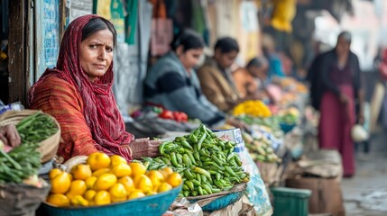 Vendors display colorful fruits and vegetables while shoppers explore the lively market